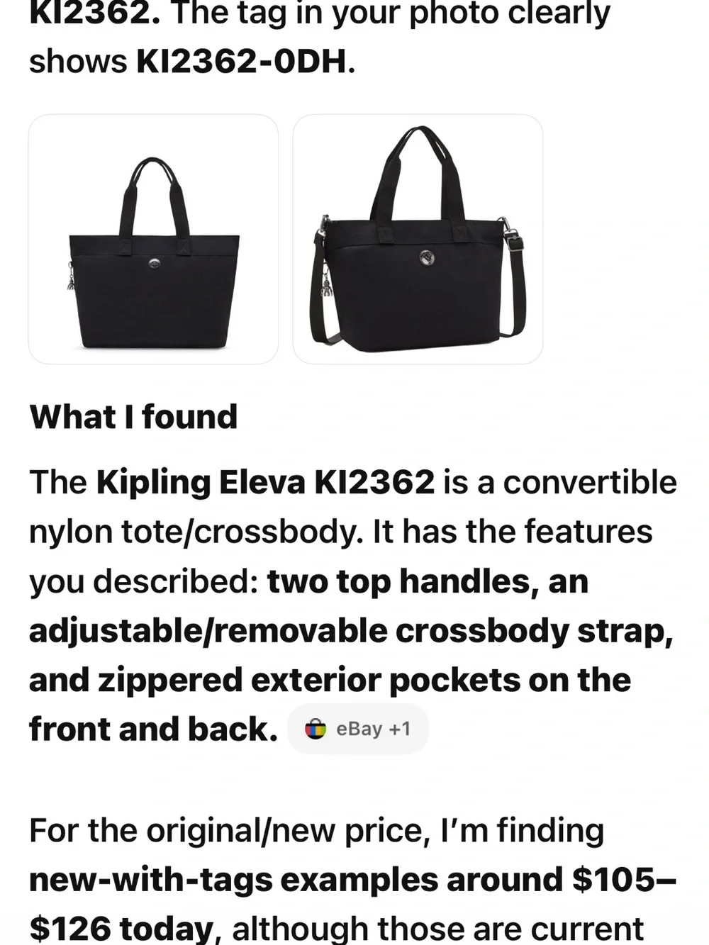 Kipling Black Convertible Nylon Tote with Detachable limited edition Strap